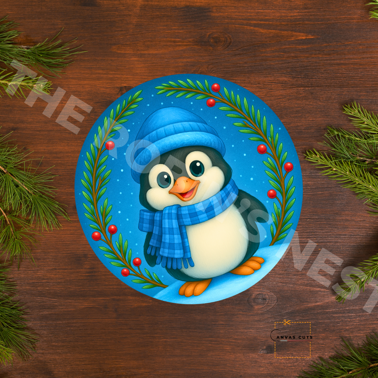 Penguin with Holly Berries – Christmas Craft Canvas for Door Hangers, Wreaths & Holiday Signs