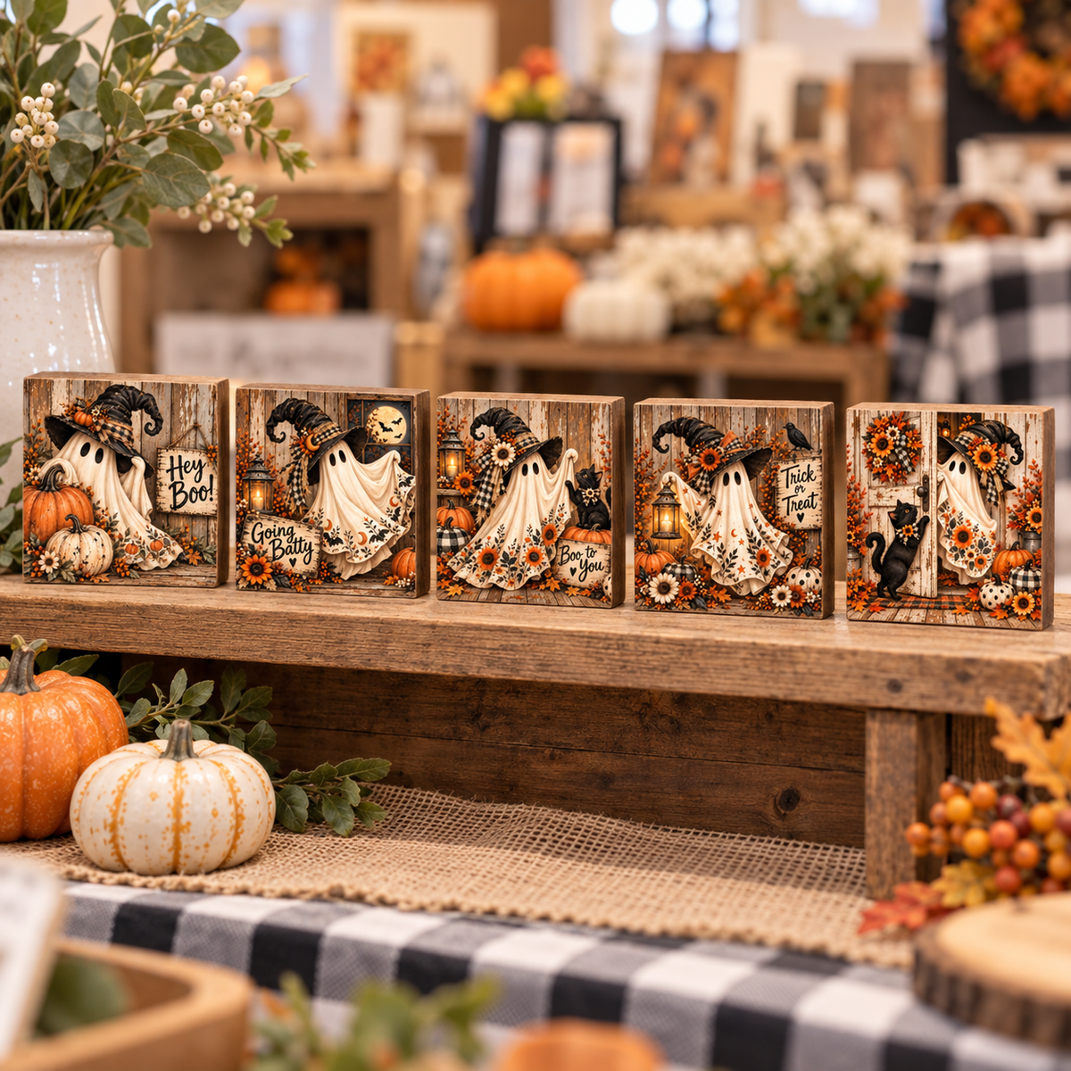 Halloween Floral Ghosts – Set of Five 4″ × 4″ DIY Canvas Prints