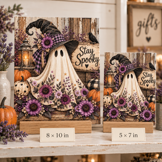 Halloween Purple Floral Ghost Stay Spooky Printed Canvas - Perfect for Framing (Frame not Included)