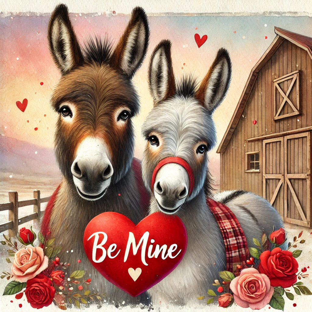 Valentine's Day - Two Donkeys holding Heart - Fabric Canvas
