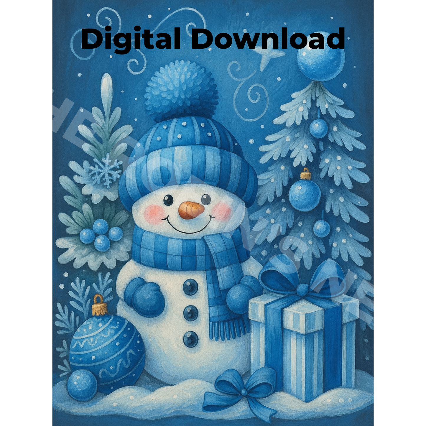 Blue Christmas Snowman Scene PDF & PNG ‑ Printable Craft Download