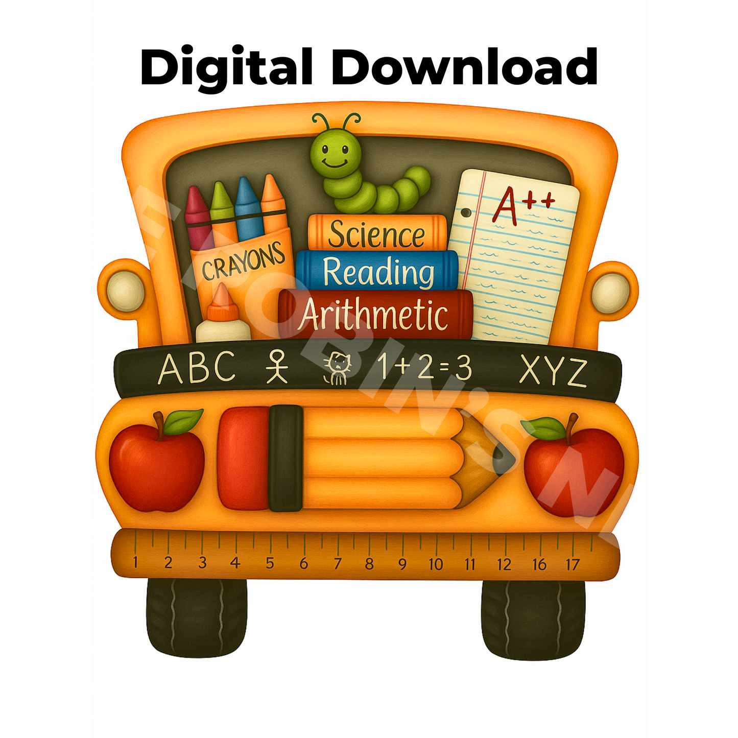 School Bus Crayons Books Glue Bookworm Printable PDF/PNG