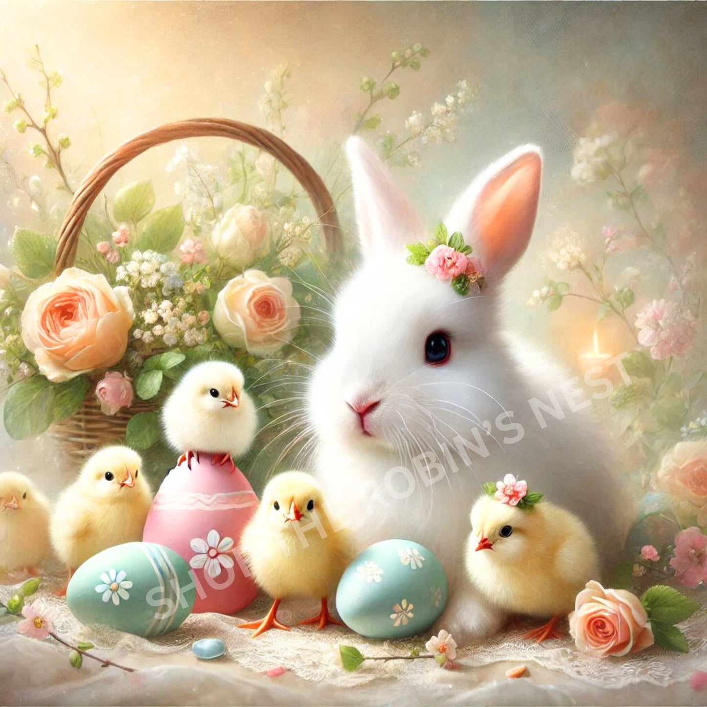 Easter Rabbit with Flowers, Chicks and Eggs Fabric Canvas