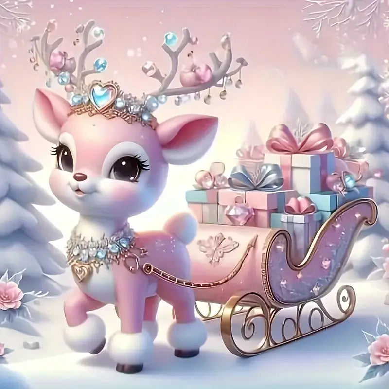 Reindeer Pink with Sleigh Fabric Canvas