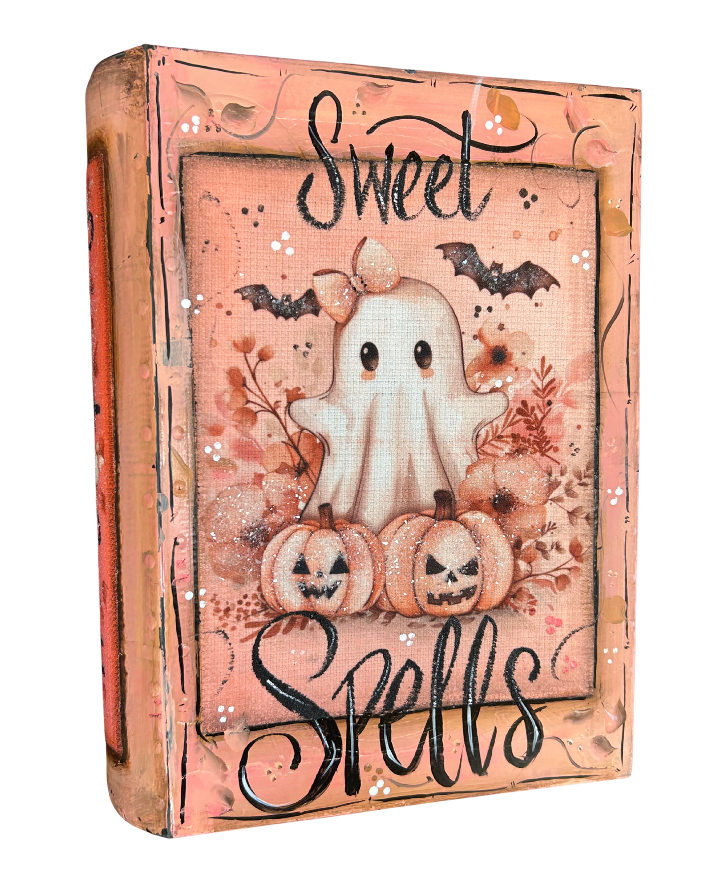 Pink Sweet Spells Ghost Book – Halloween Craft Canvas for Door Hangers, Signs & Spooky Decor