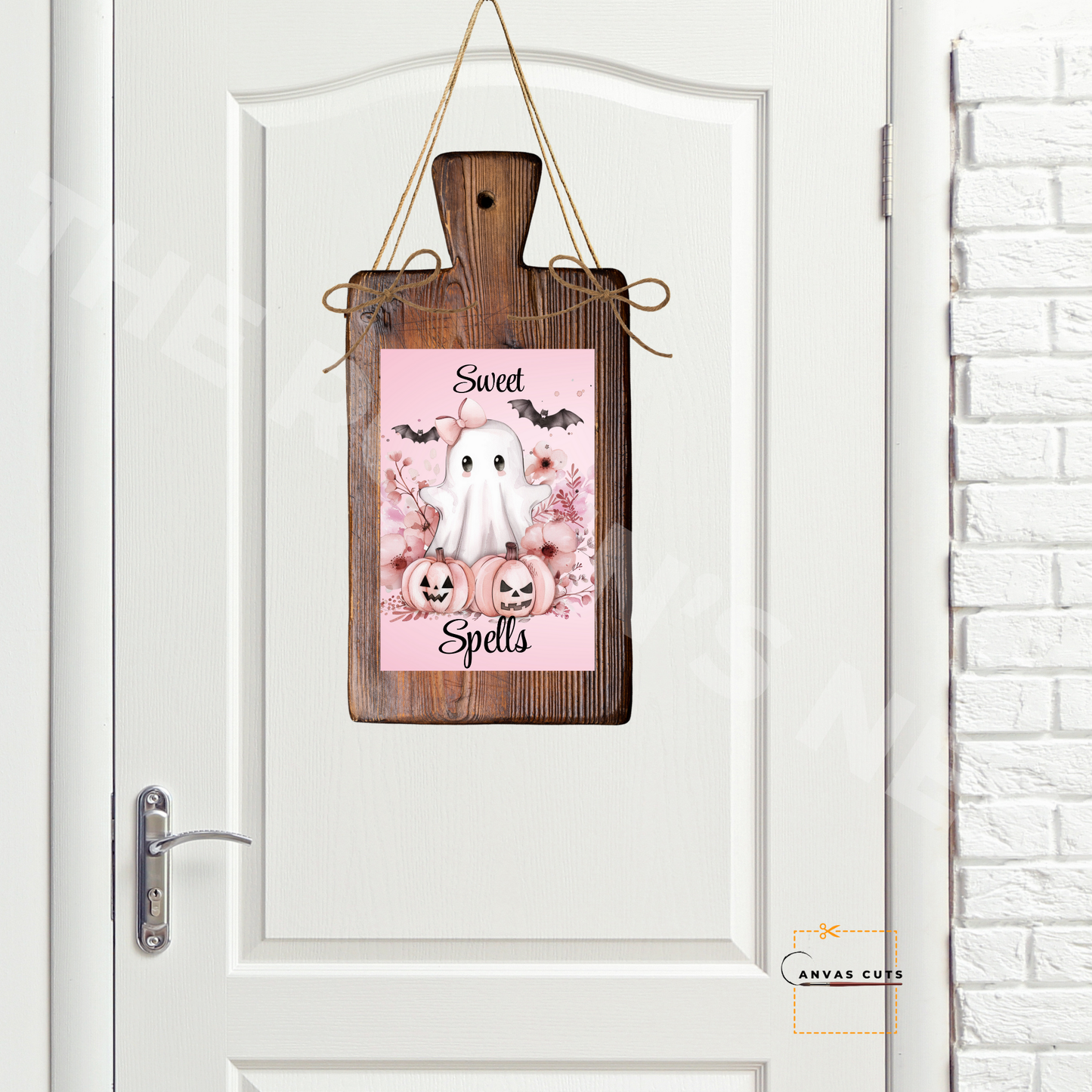Pink Sweet Spells Ghost Book – Halloween Craft Canvas for Door Hangers, Signs & Spooky Decor