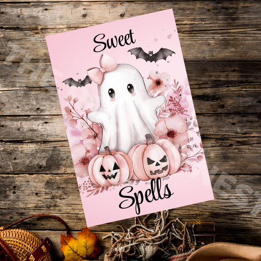 Pink Sweet Spells Ghost Book – Halloween Craft Canvas for Door Hangers, Signs & Spooky Decor