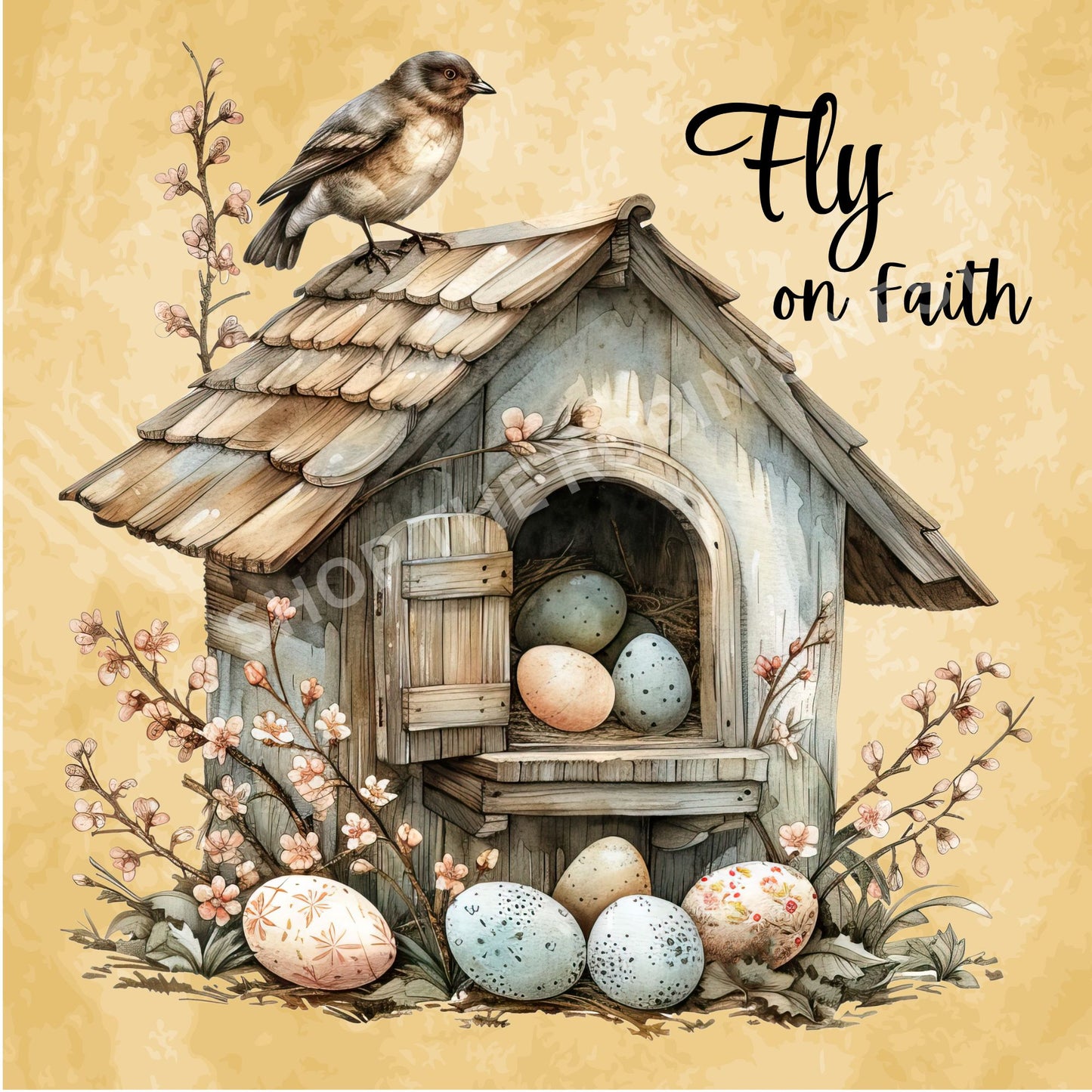 Fly on Faith Easter Birdhouse Fabric Canvas