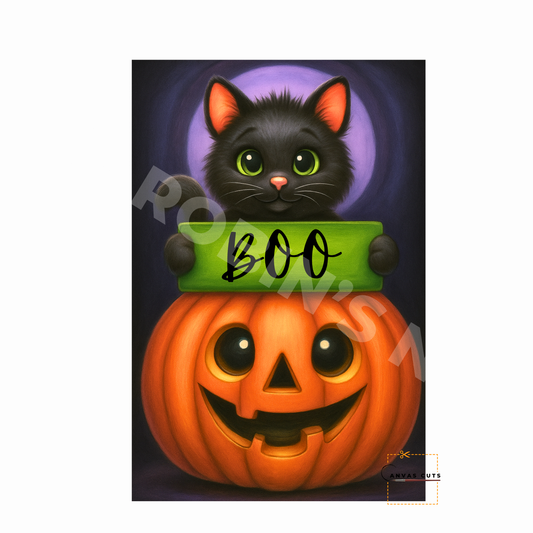 Black Cat on Jack-O’-Lantern with “Boo” – Personalizeable Printed Fine Art Canvas for DIY Crafting, Halloween Décor & Craft Shows