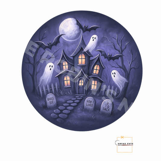 Haunted House on Circle – Personalizeable Printed Fine Art Canvas for DIY Crafting, Halloween Décor & Craft Shows