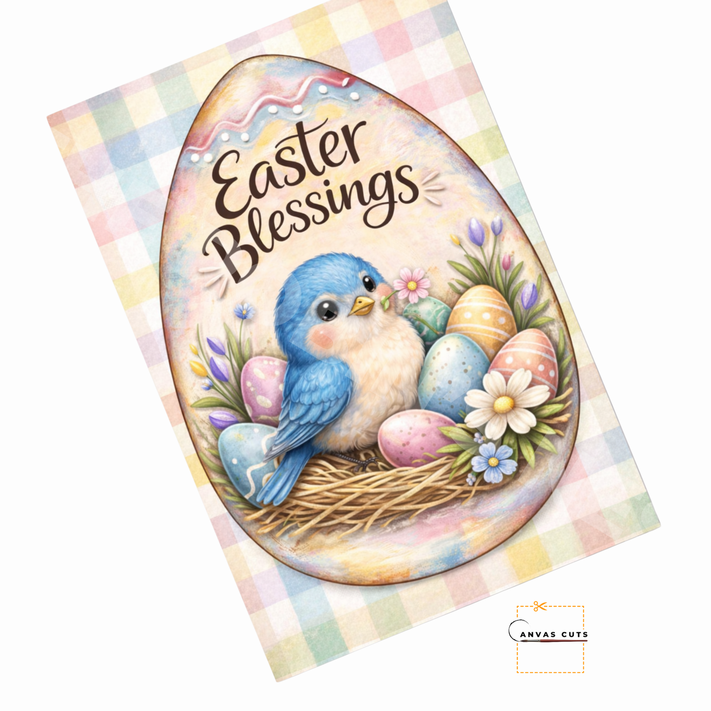 Easter Bluebird Canvas – Pastel Plaid Nest Design