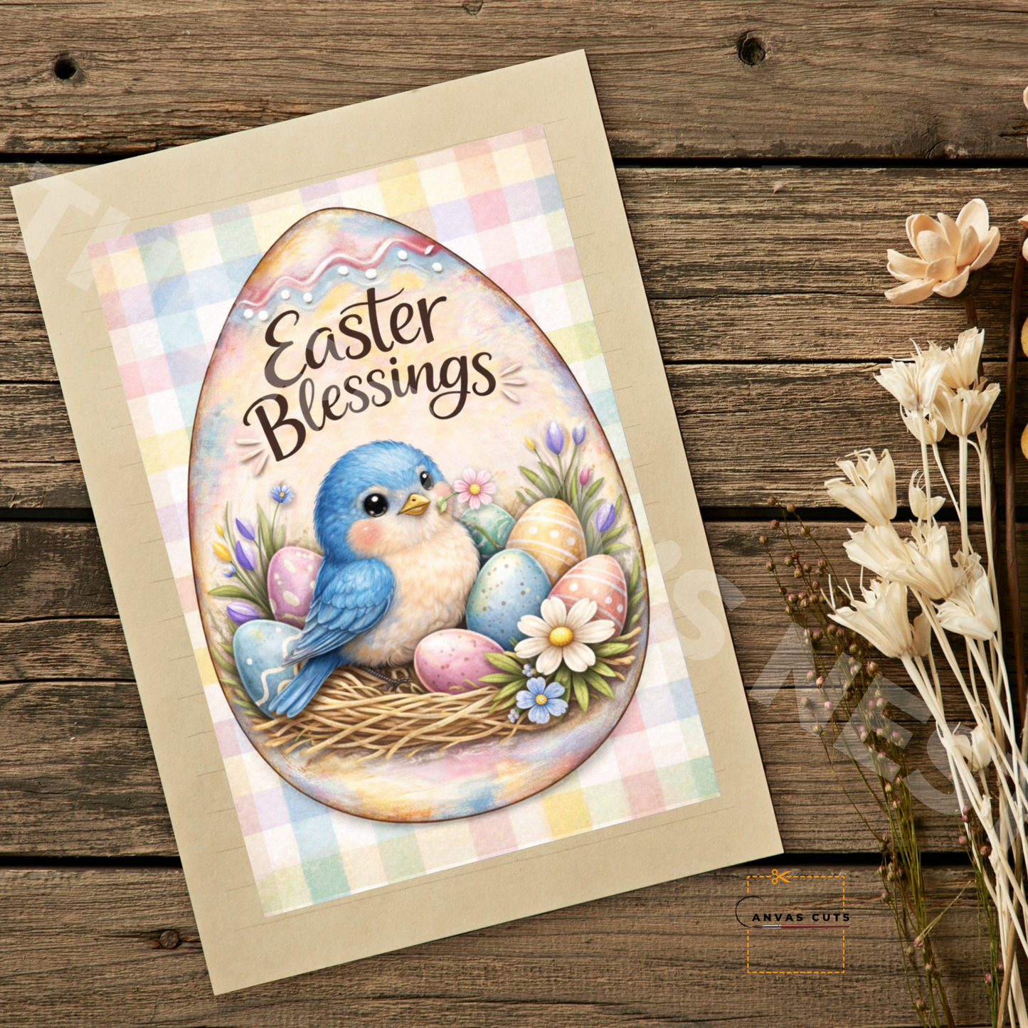 Easter Bluebird Canvas – Pastel Plaid Nest Design