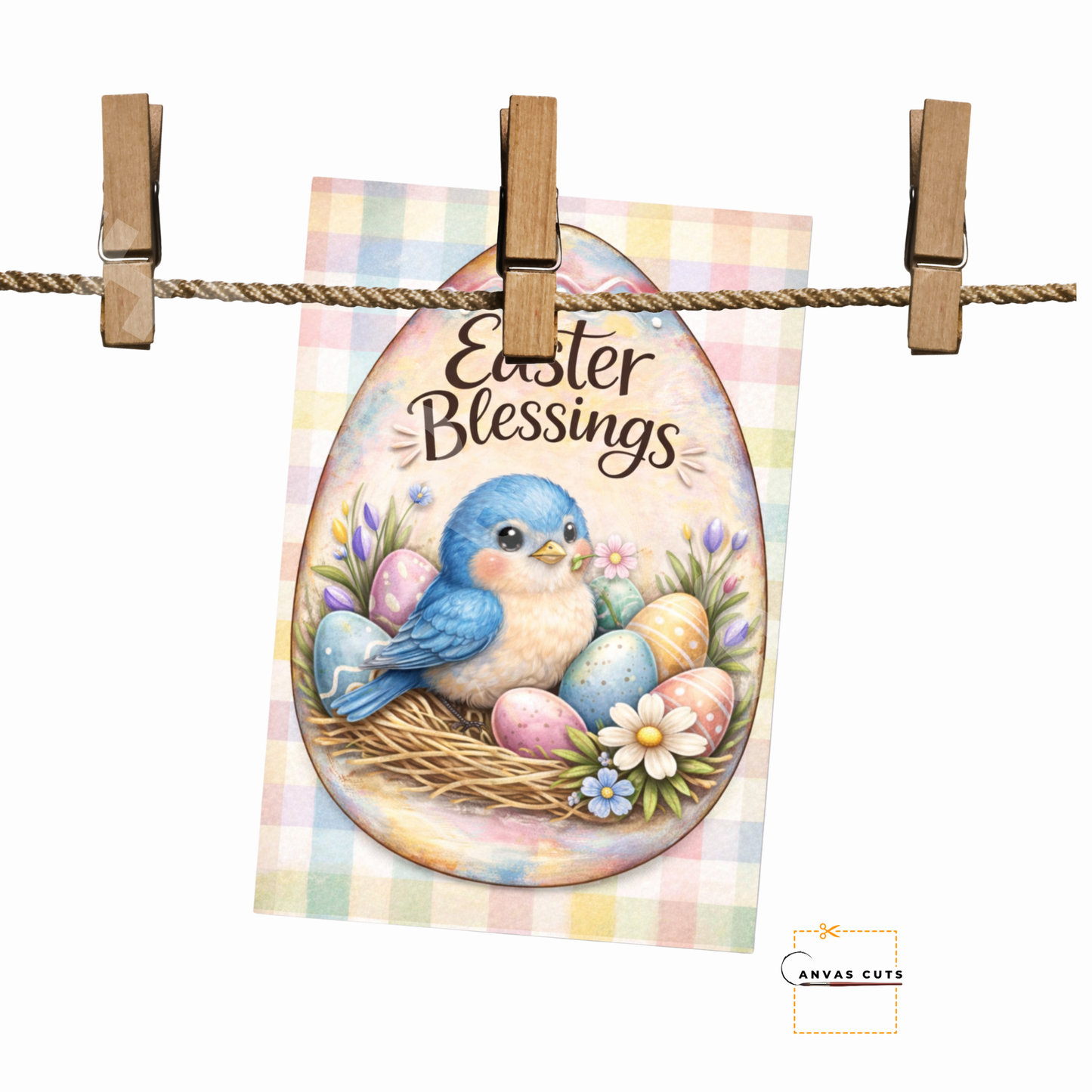 Easter Bluebird Canvas – Pastel Plaid Nest Design