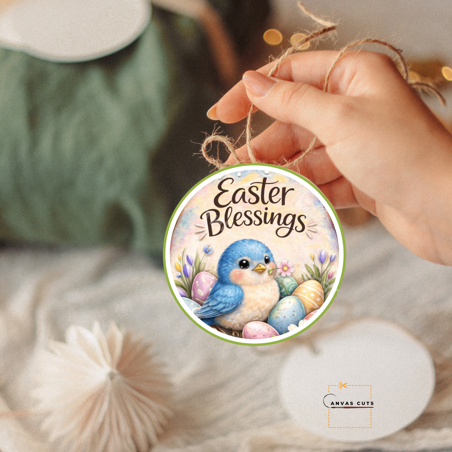 Easter Bluebird Canvas – Pastel Plaid Nest Design