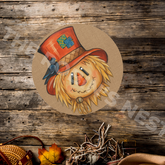 Scarecrow on Circle – Personalizeable Printed Fine Art Canvas for DIY Crafting, Fall Décor & Craft Shows