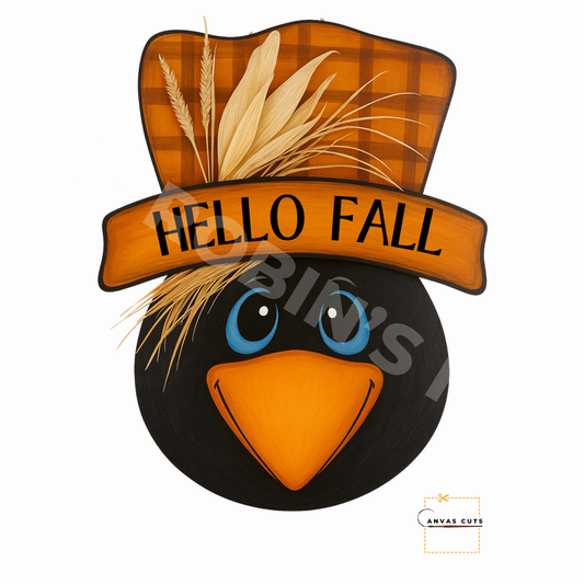 Crow with Scarecrow Hat – Hello Fall – Personalizeable Printed Fine Art Canvas for DIY Crafting, Autumn Décor & Craft Shows