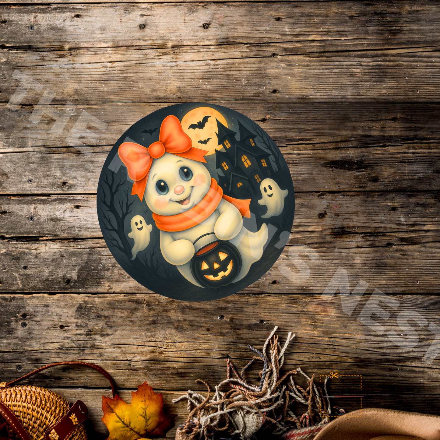 Rosie the Boo-tiful Bow Ghost Sign on Circle – Printed Fine Art Canvas for DIY Crafting, Halloween Décor & Craft Shows