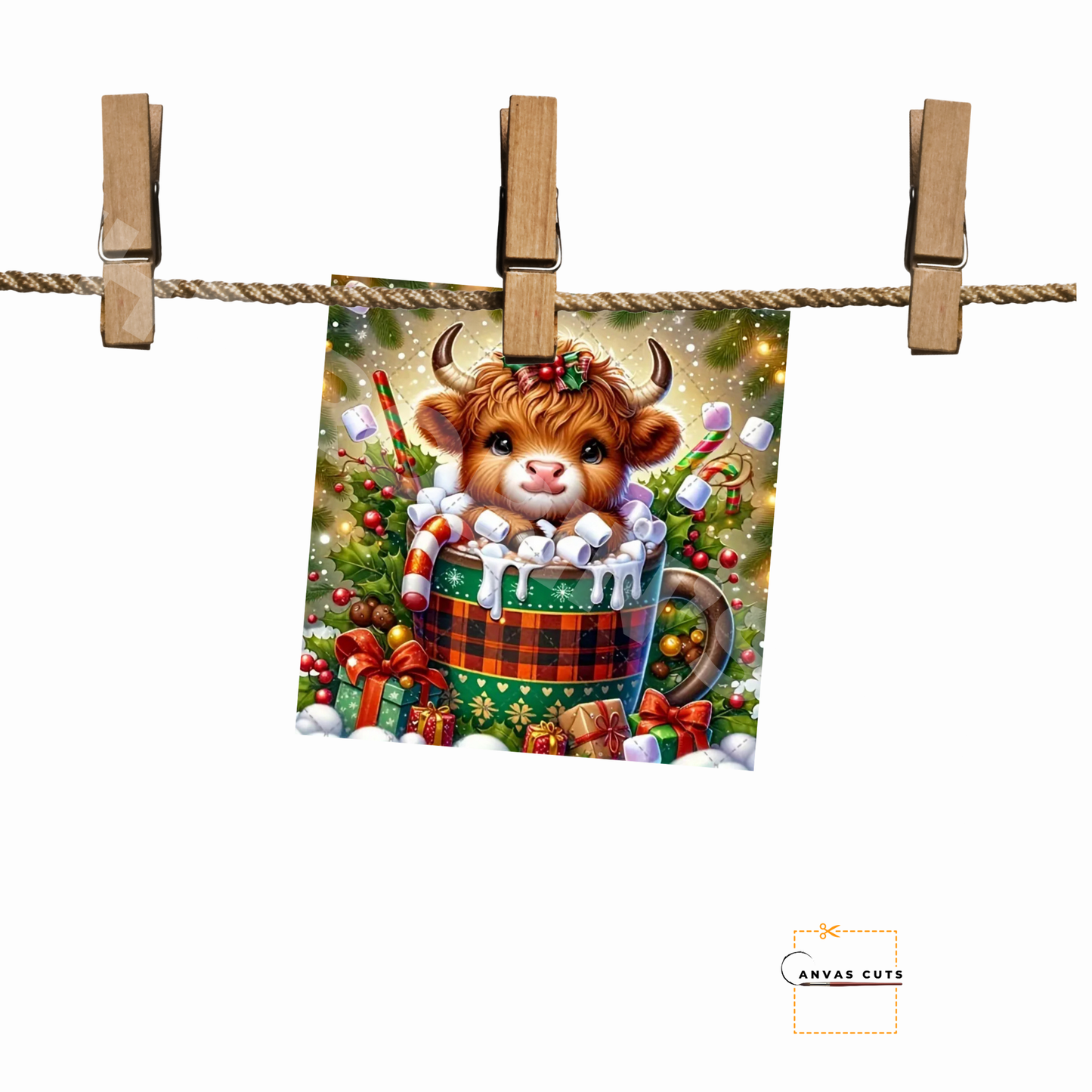 Highland Christmas Cow Personalizeable Printed Fine Art Canvas for DIY Crafting, Home Décor & Craft Shows