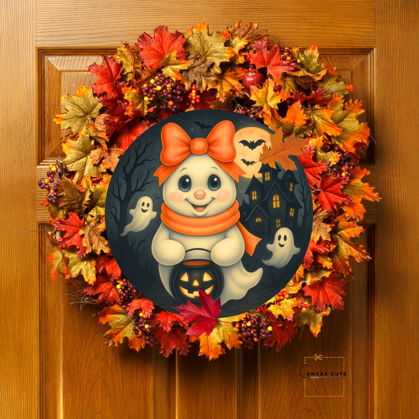 Rosie the Boo-tiful Bow Ghost Sign on Circle – Printed Fine Art Canvas for DIY Crafting, Halloween Décor & Craft Shows
