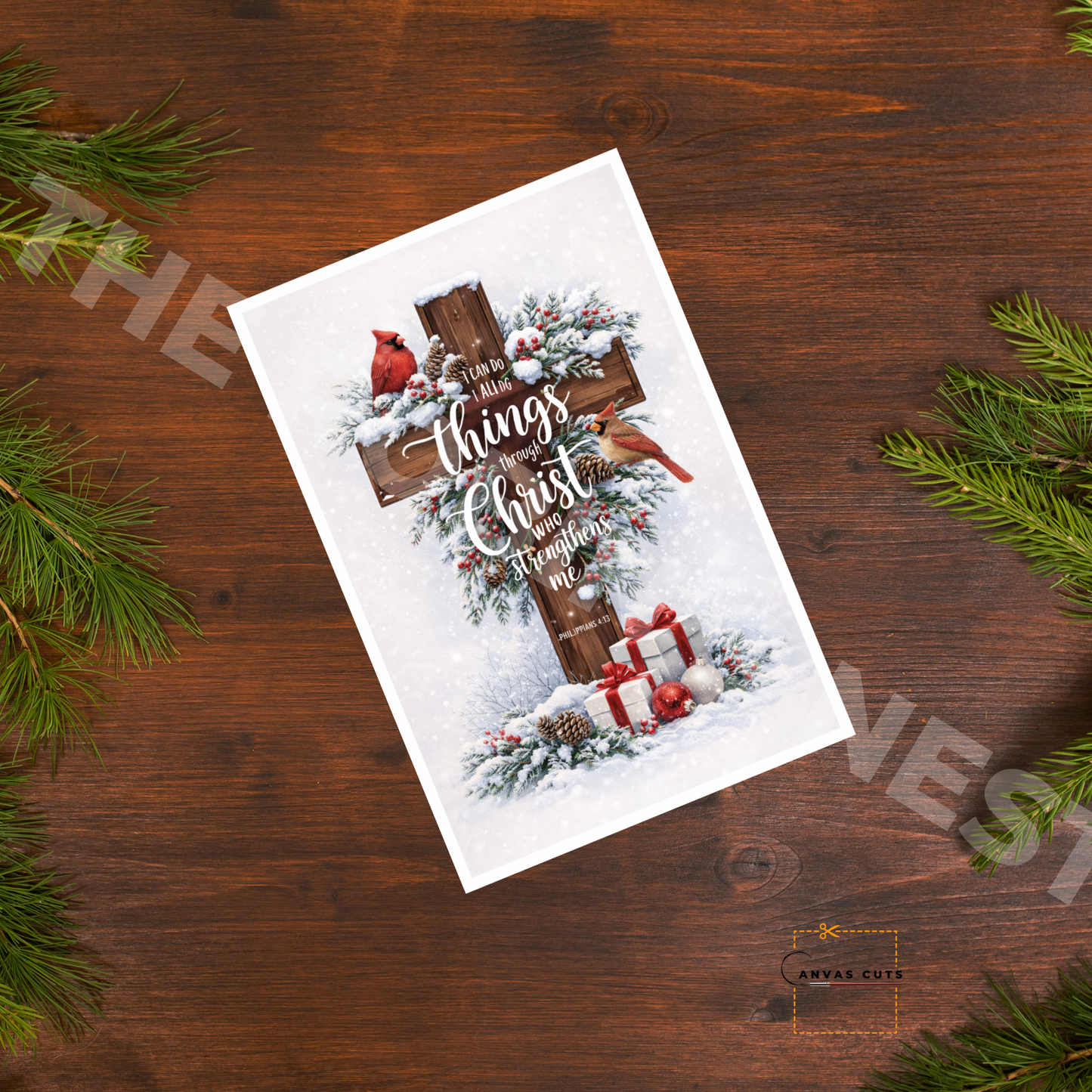 Christmas Cross with Red Cardinal – “I Can Do All Things…”