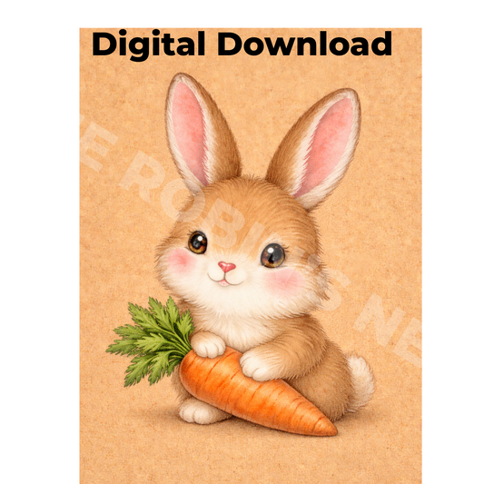 Cute Easter Bunny with Carrot – Tan Background