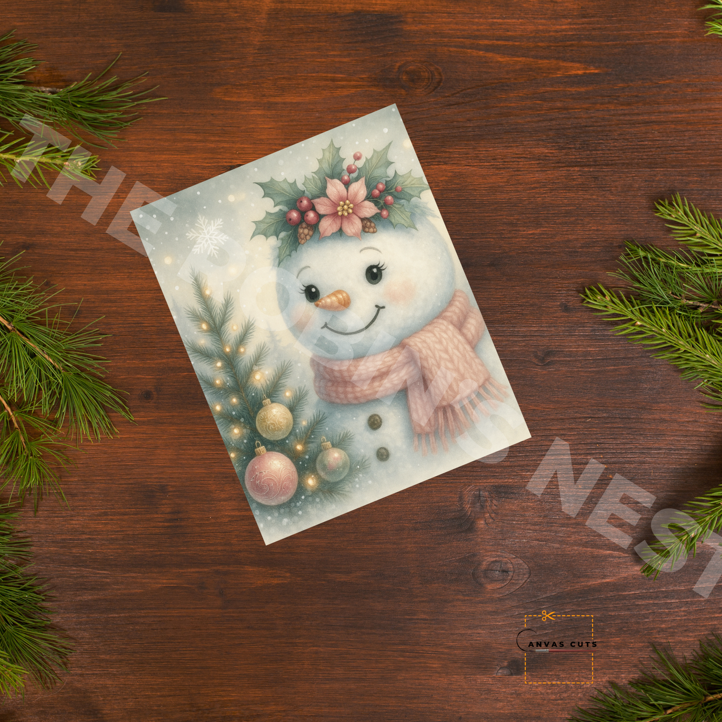 Pastel Pink Snowlady with Poinsettia Crown • Rustic Farmhouse Holiday Canvas Cut