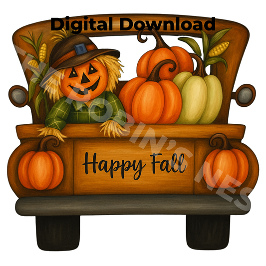 “Happy Fall” Antique Truck with Scarecrow & Pumpkins | Digital Download PDF & PNG