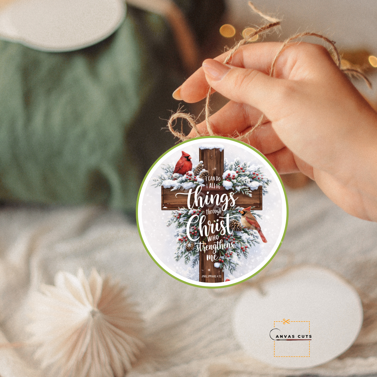 Christmas Cross with Red Cardinal – “I Can Do All Things…”