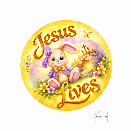 Jesus Lives Bunny Cross Canvas Cut – Yellow Easter Design