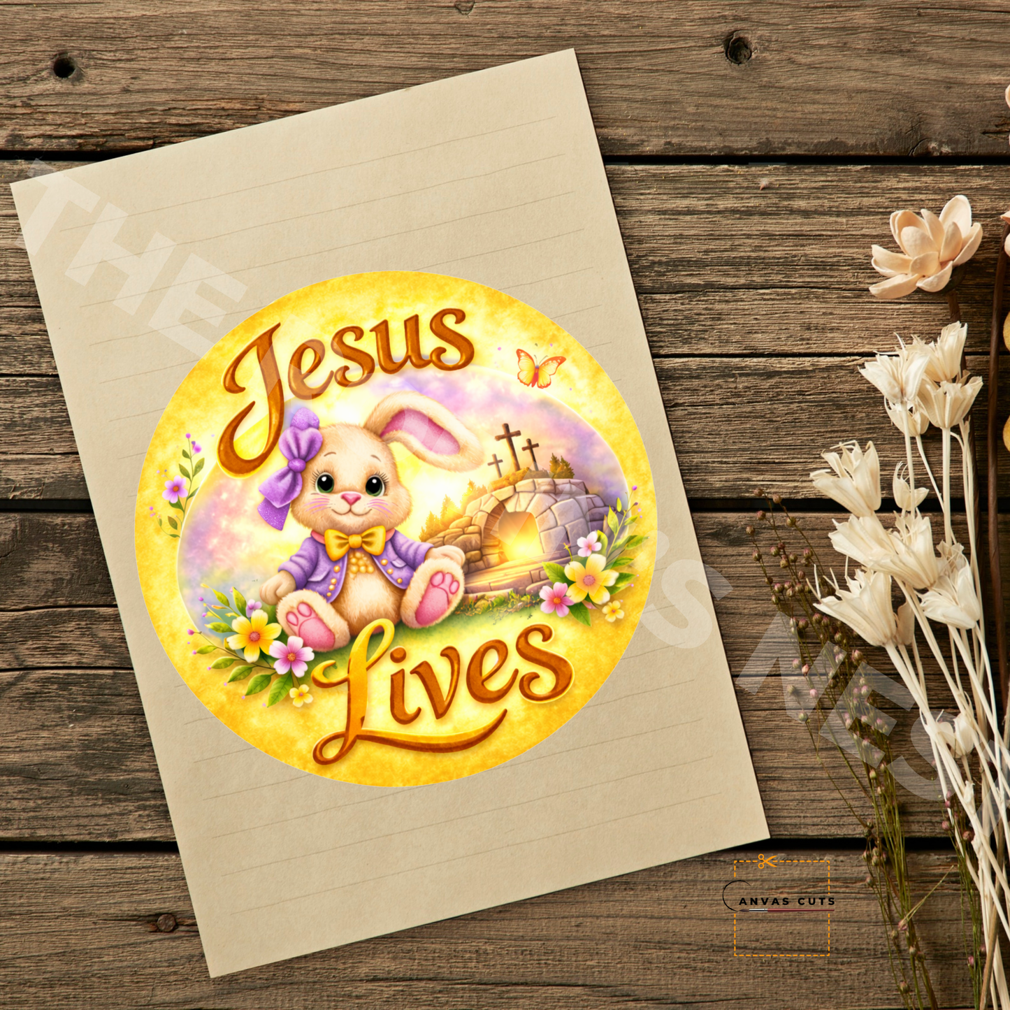 Jesus Lives Bunny Cross Canvas Cut – Yellow Easter Design