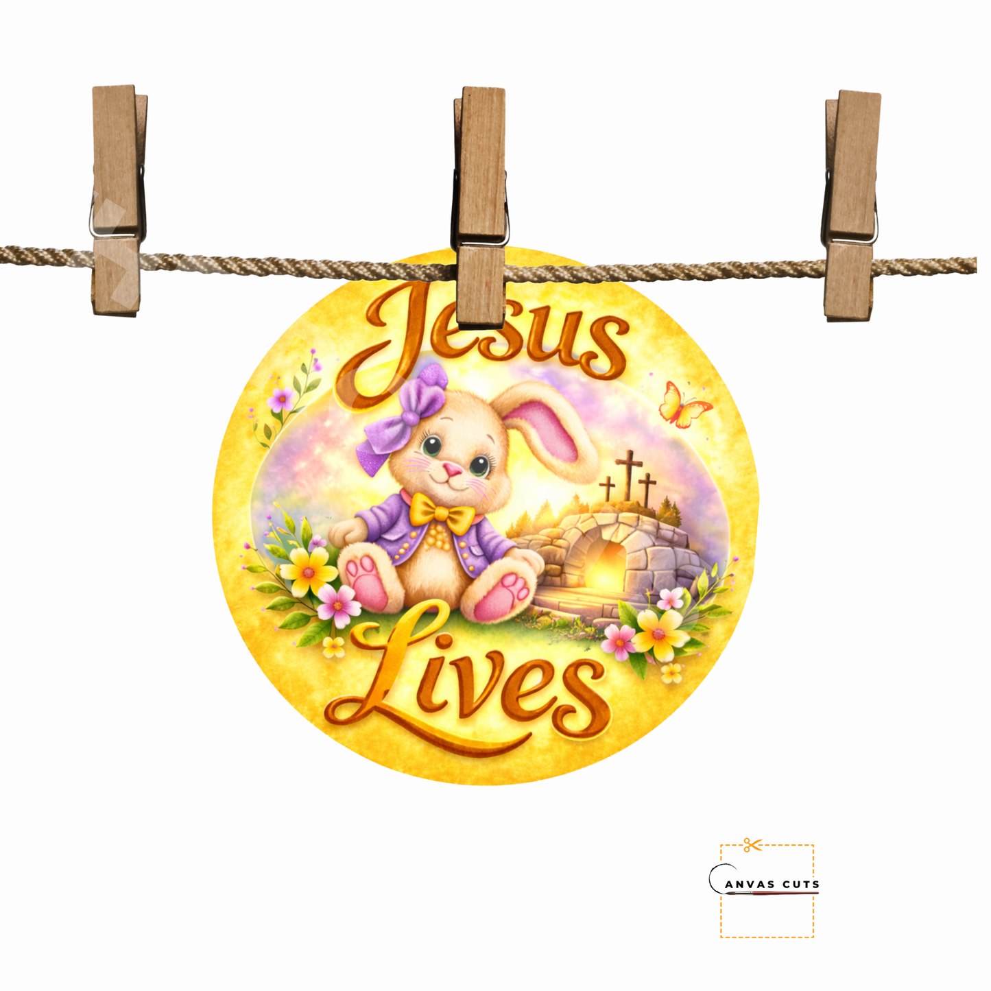 Jesus Lives Bunny Cross Canvas Cut – Yellow Easter Design