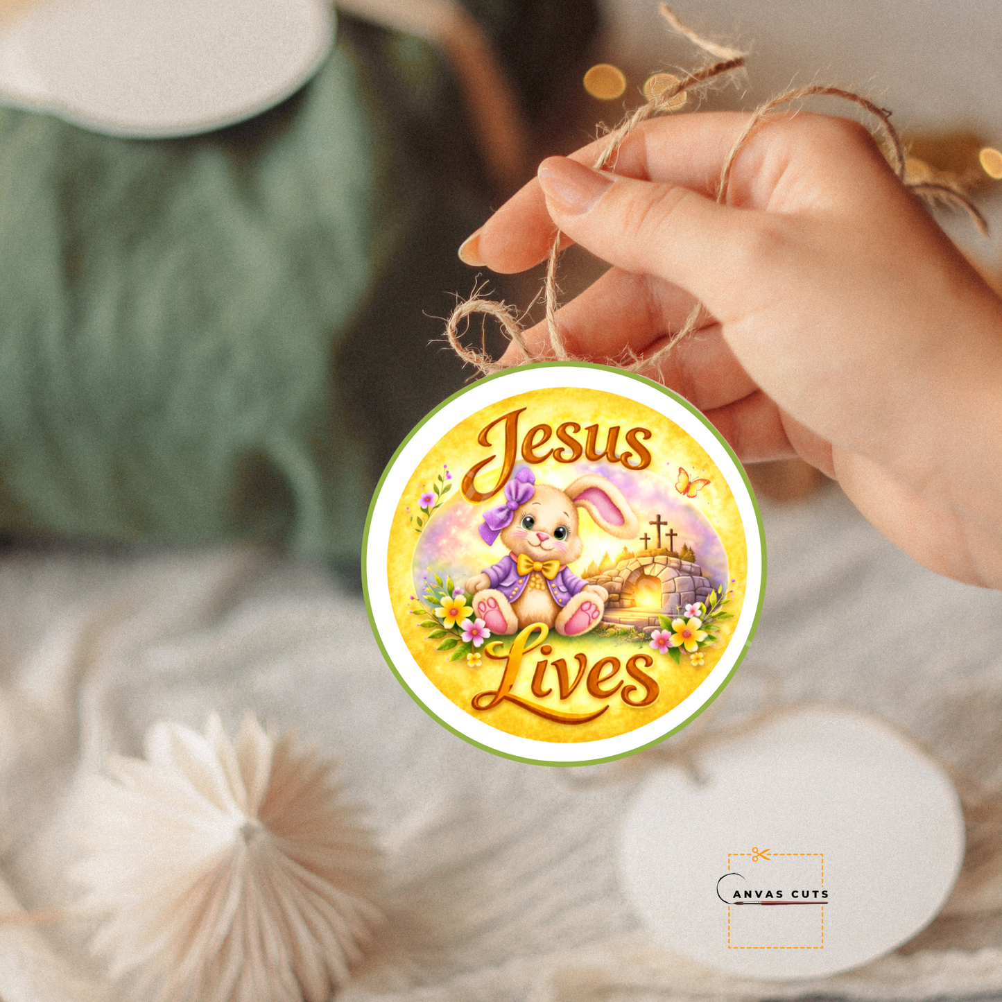 Jesus Lives Bunny Cross Canvas Cut – Yellow Easter Design
