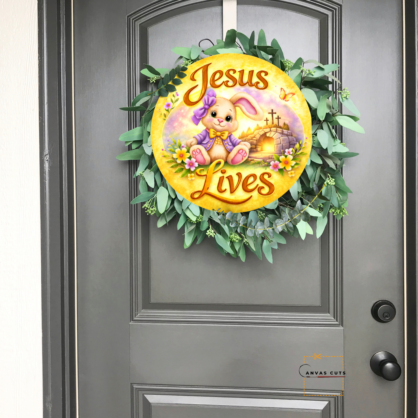 Jesus Lives Bunny Cross Canvas Cut – Yellow Easter Design