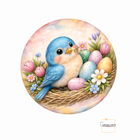 Bluebird Nest Circle Canvas Cut – Spring Farmhouse Design