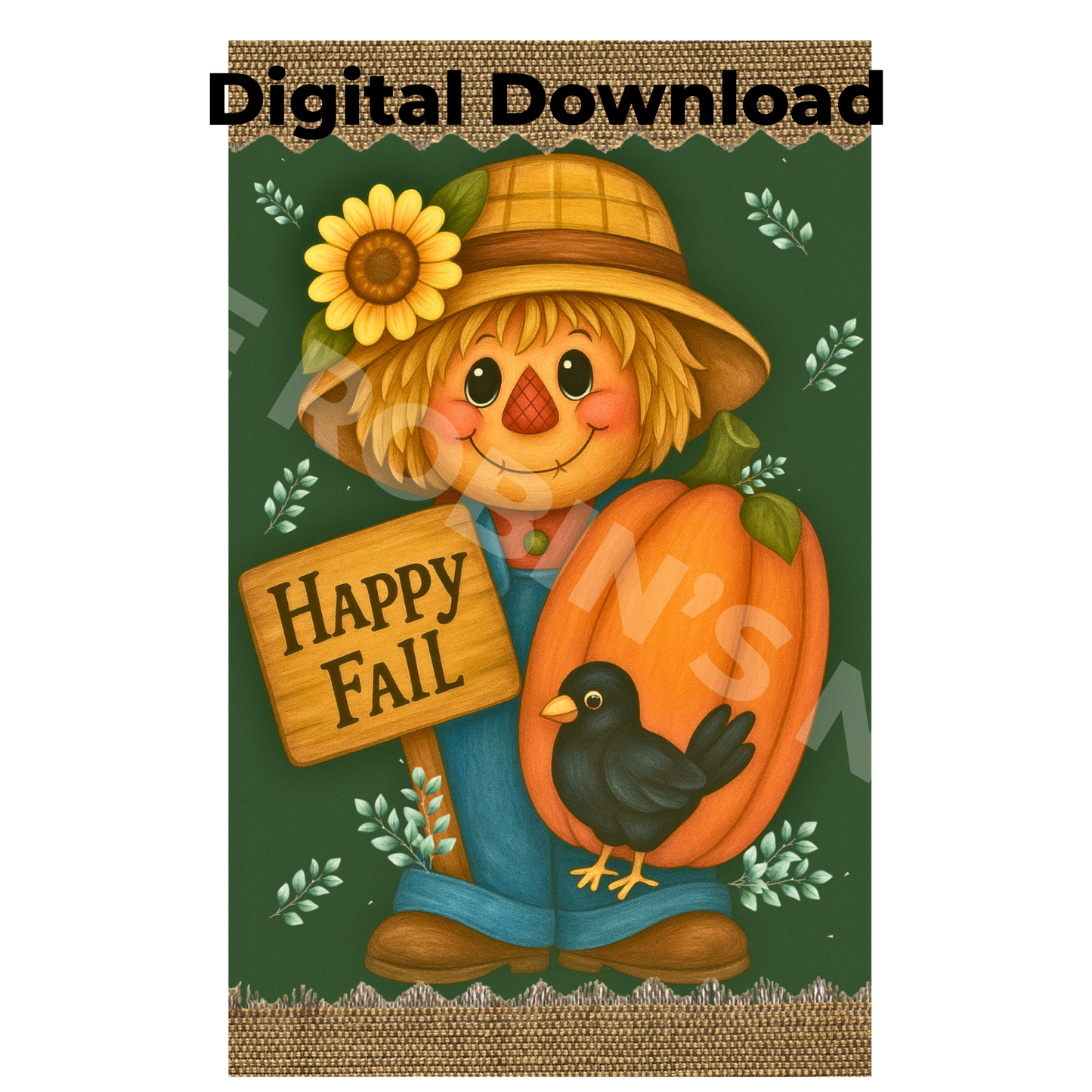 “Happy Fall” Scarecrow Printable Design – Green Background | PDF & PNG