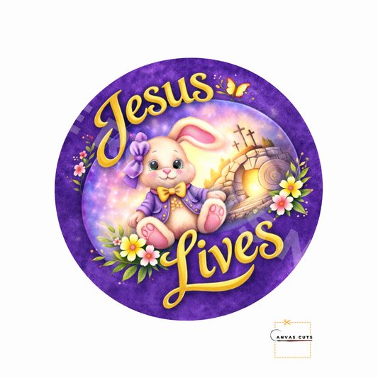Jesus Lives Bunny Cross Canvas Cut – Purple Easter Faith Design