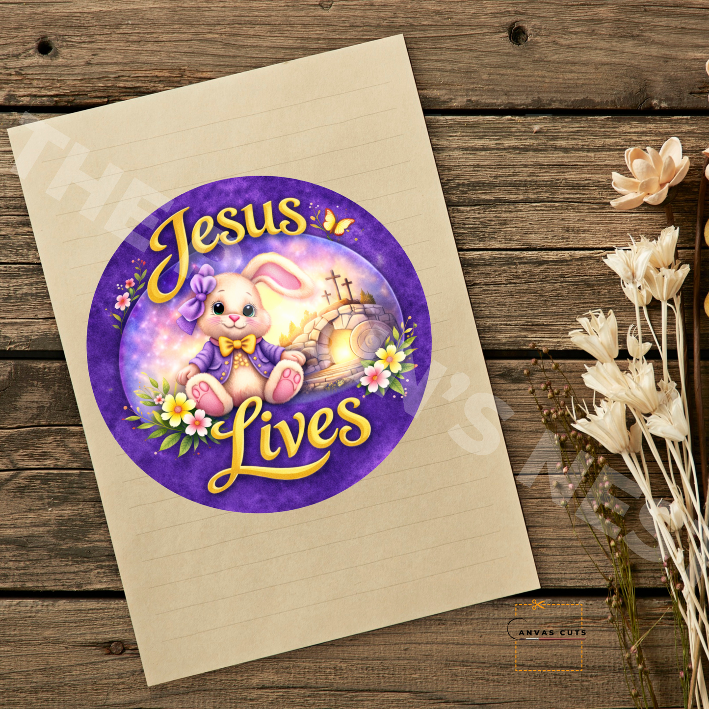 Jesus Lives Bunny Cross Canvas Cut – Purple Easter Faith Design