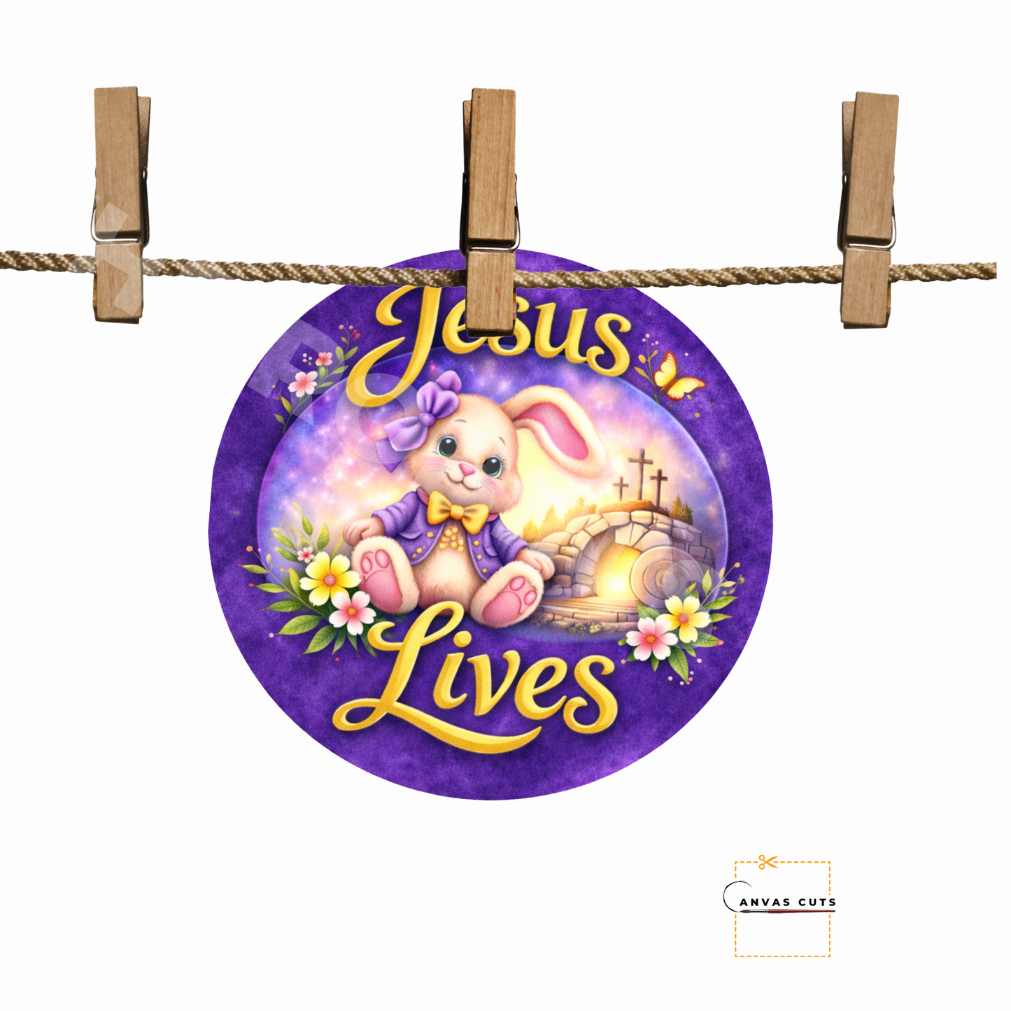 Jesus Lives Bunny Cross Canvas Cut – Purple Easter Faith Design