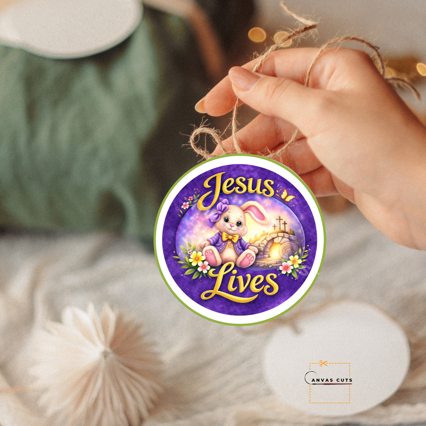 Jesus Lives Bunny Cross Canvas Cut – Purple Easter Faith Design
