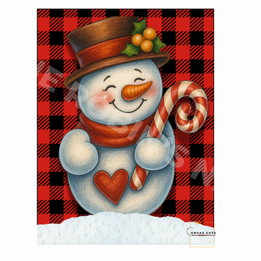 Snowman Holding a Candy Cane with Buffalo Plaid Background – Personalizeable Canvas Cut for DIY Crafting, Home Décor & Craft Shows