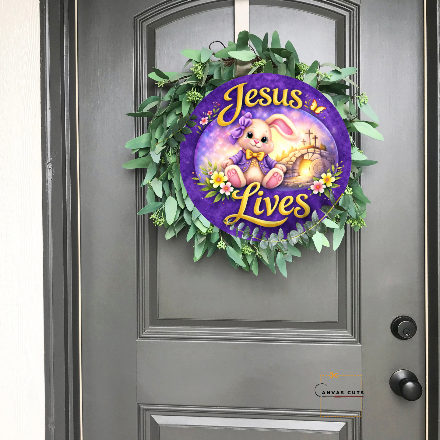 Jesus Lives Bunny Cross Canvas Cut – Purple Easter Faith Design