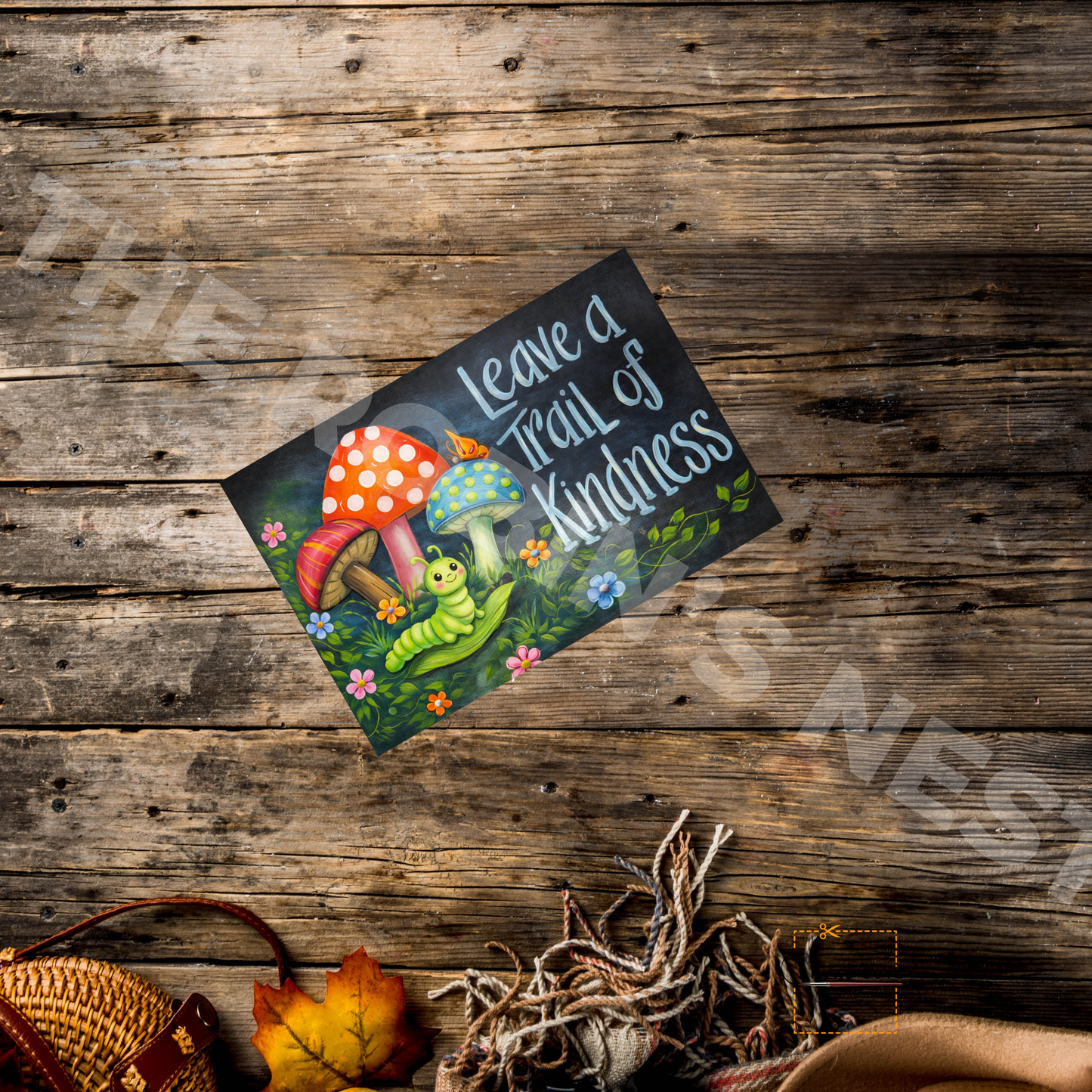 Whimsical Mushroom & Caterpillar Canvas Print – Leave a Trail of Kindness Garden Decor