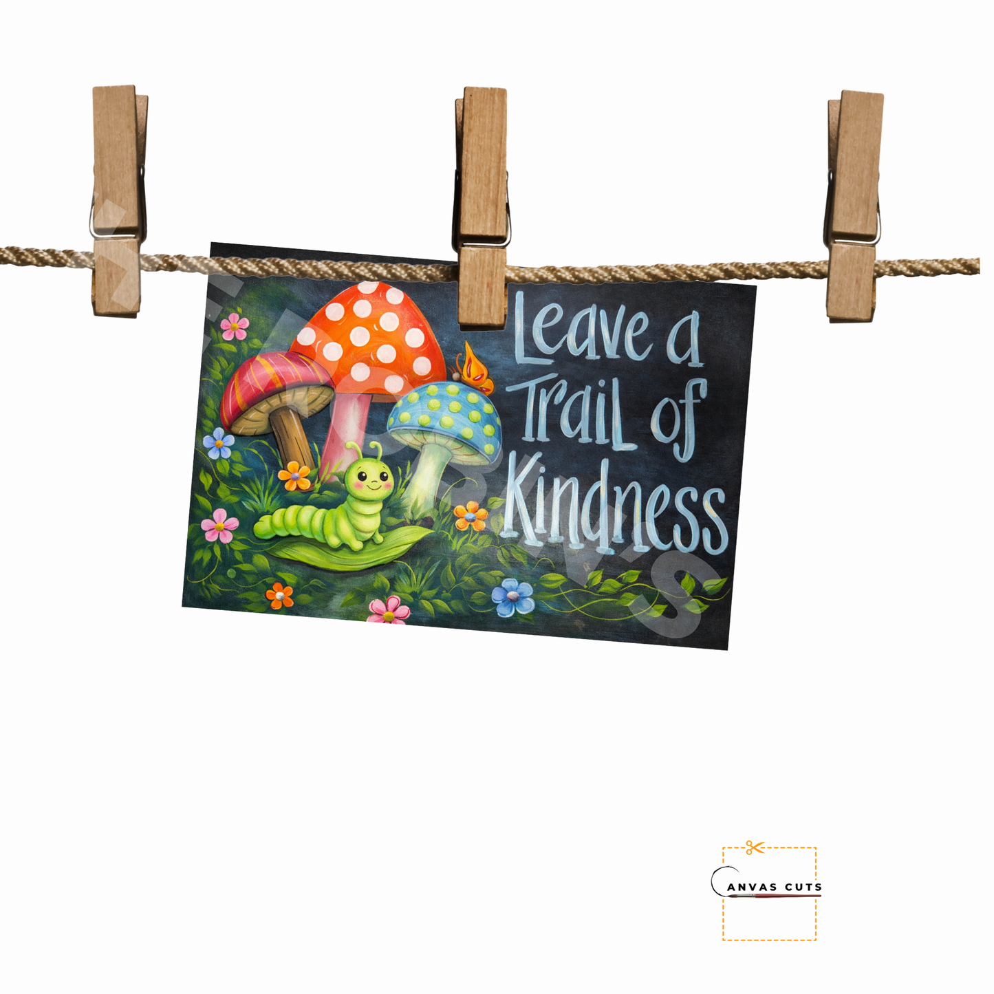 Whimsical Mushroom & Caterpillar Canvas Print – Leave a Trail of Kindness Garden Decor