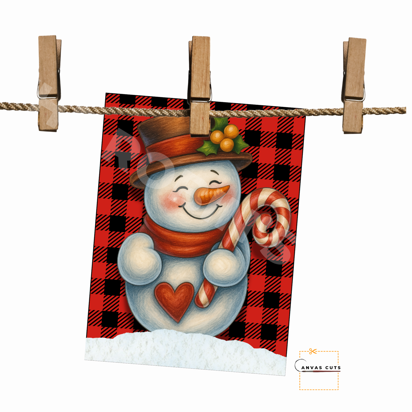 Snowman Holding a Candy Cane with Buffalo Plaid Background – Personalizeable Canvas Cut for DIY Crafting, Home Décor & Craft Shows