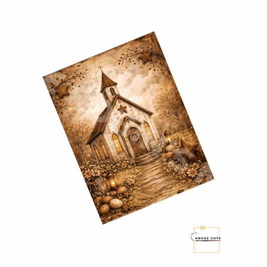 Primitive Country Church Canvas – Rustic Farmhouse Design