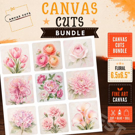 Floral Fine Art Canvas Cuts Bundle – 9 Textured Flower Designs | 6.5x6.5" DIY Craft Show Decor, Farmhouse & Cottage Style Projects