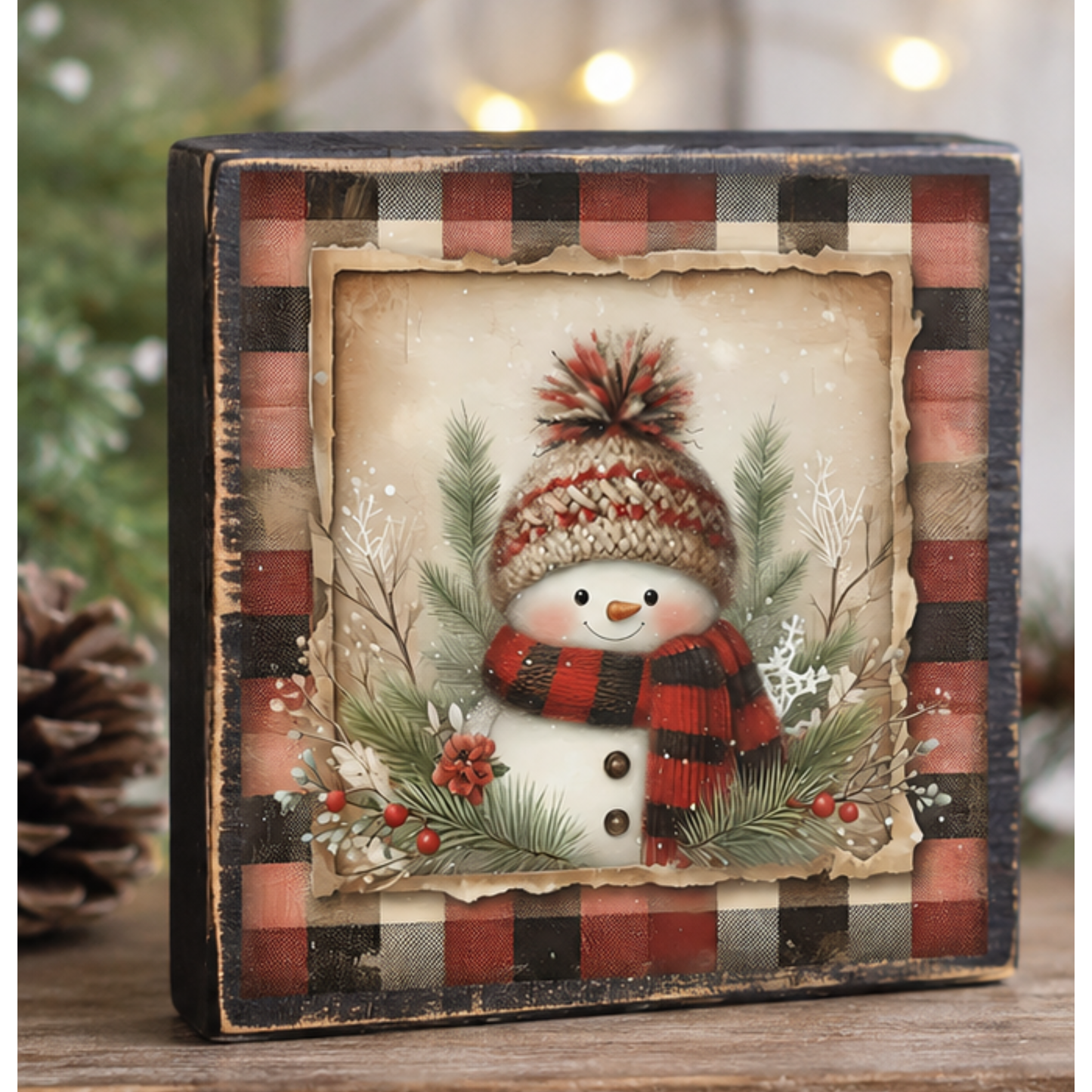 Vintage Snowman Canvas Cut | Buffalo Plaid Winter DIY Craft Transfer