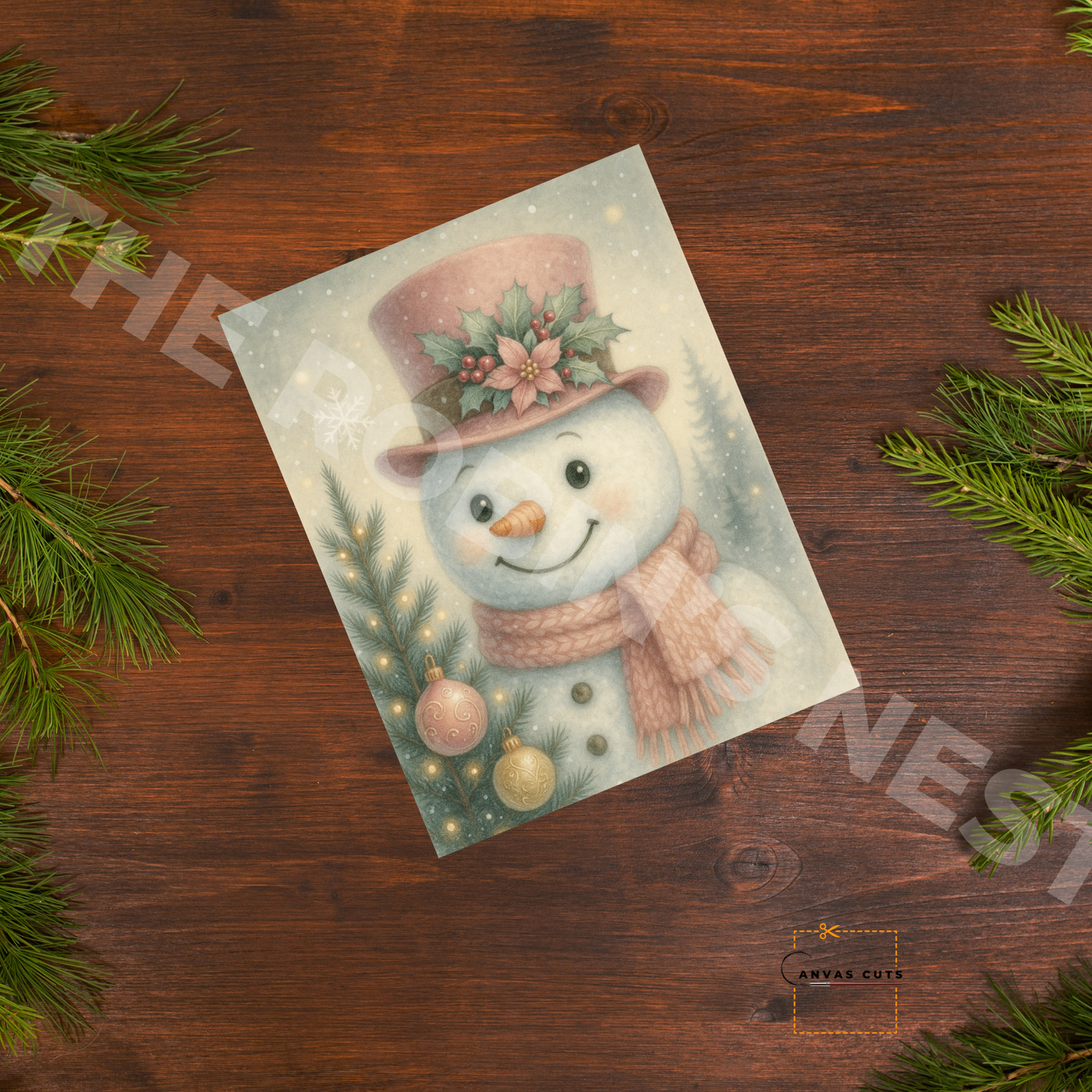 Snowman with Pastel Pink Top Hat & Candy Cane