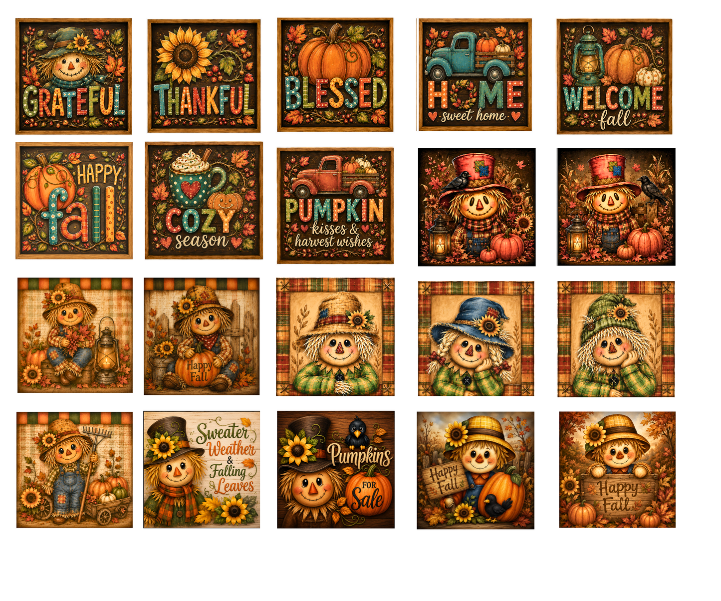 Autumn Series Scarecrow Fall Bundle Canvas Prints 20 4x4" Canvas Prints DIY Canvas Cuts