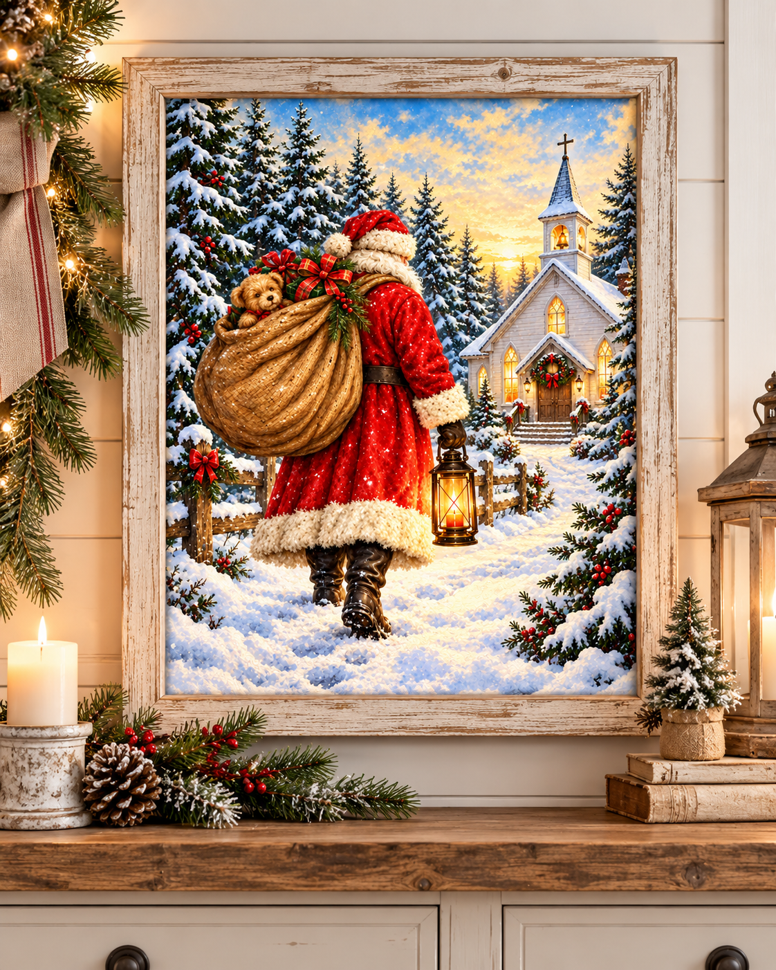 Santa Christmas Journey to Church - Fine Art Canvas - Santa Claus